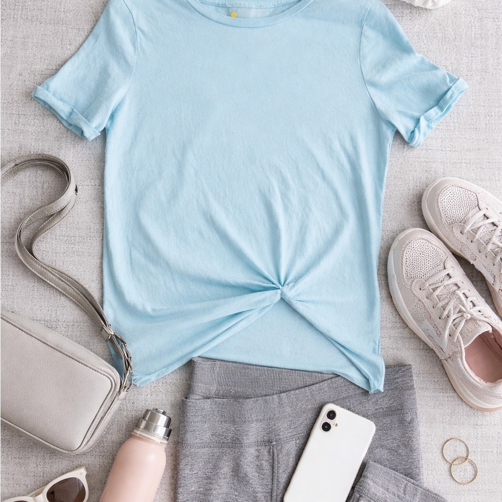 Zella Sky Blue Short Sleeve Front Knot Soft Workout Tee Medium M Good - Picture 3 of 5